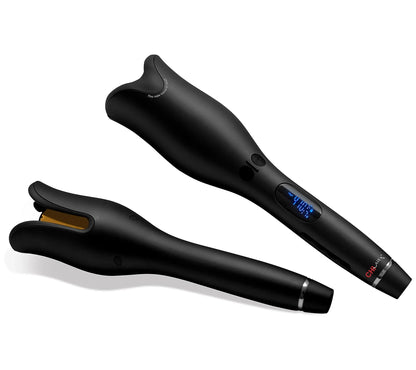 Black hair styling tool with digital display on a white background