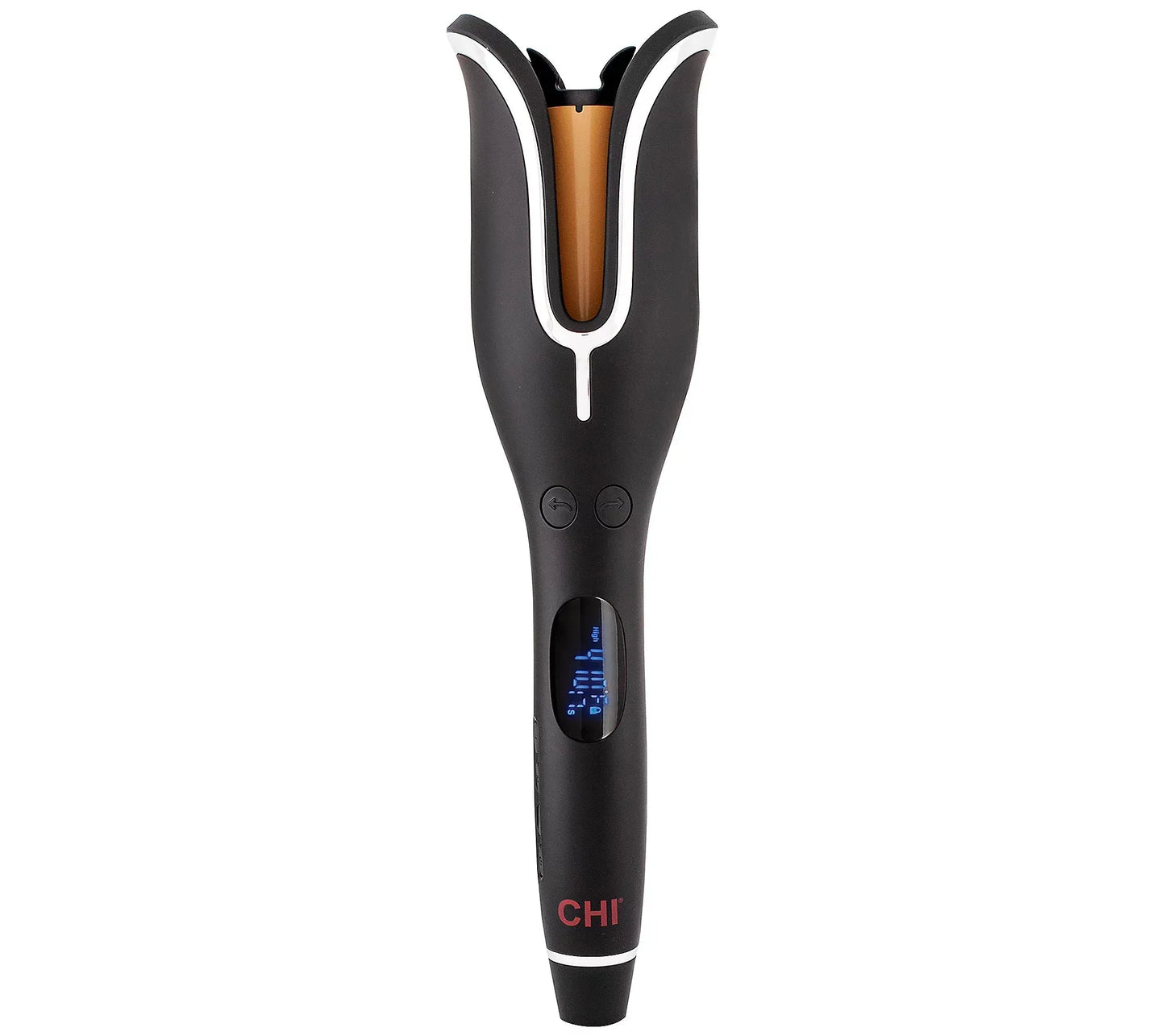 Black hair straightener with digital display on a white background