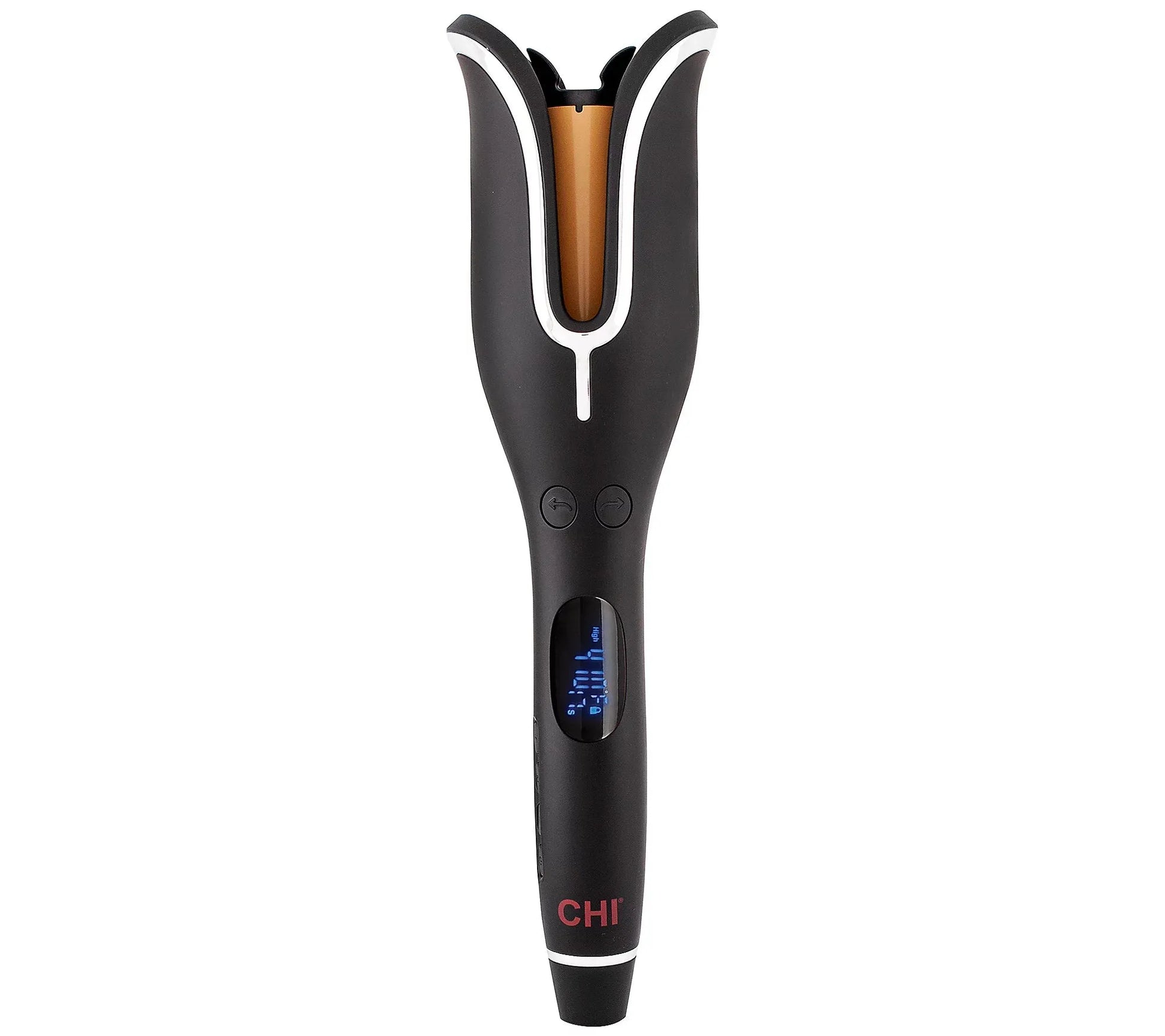Black hair straightener with digital display on a white background