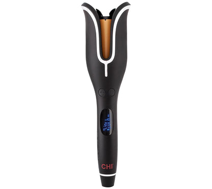Black hair straightener with digital display on a white background