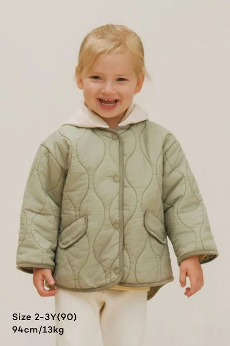 Child wearing a green quilted jacket on a plain background