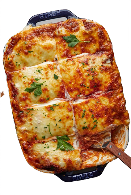 Baked dish with cheese and herbs in a blue dish on a white background