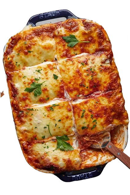 Baked dish with cheese and herbs in a blue dish on a white background