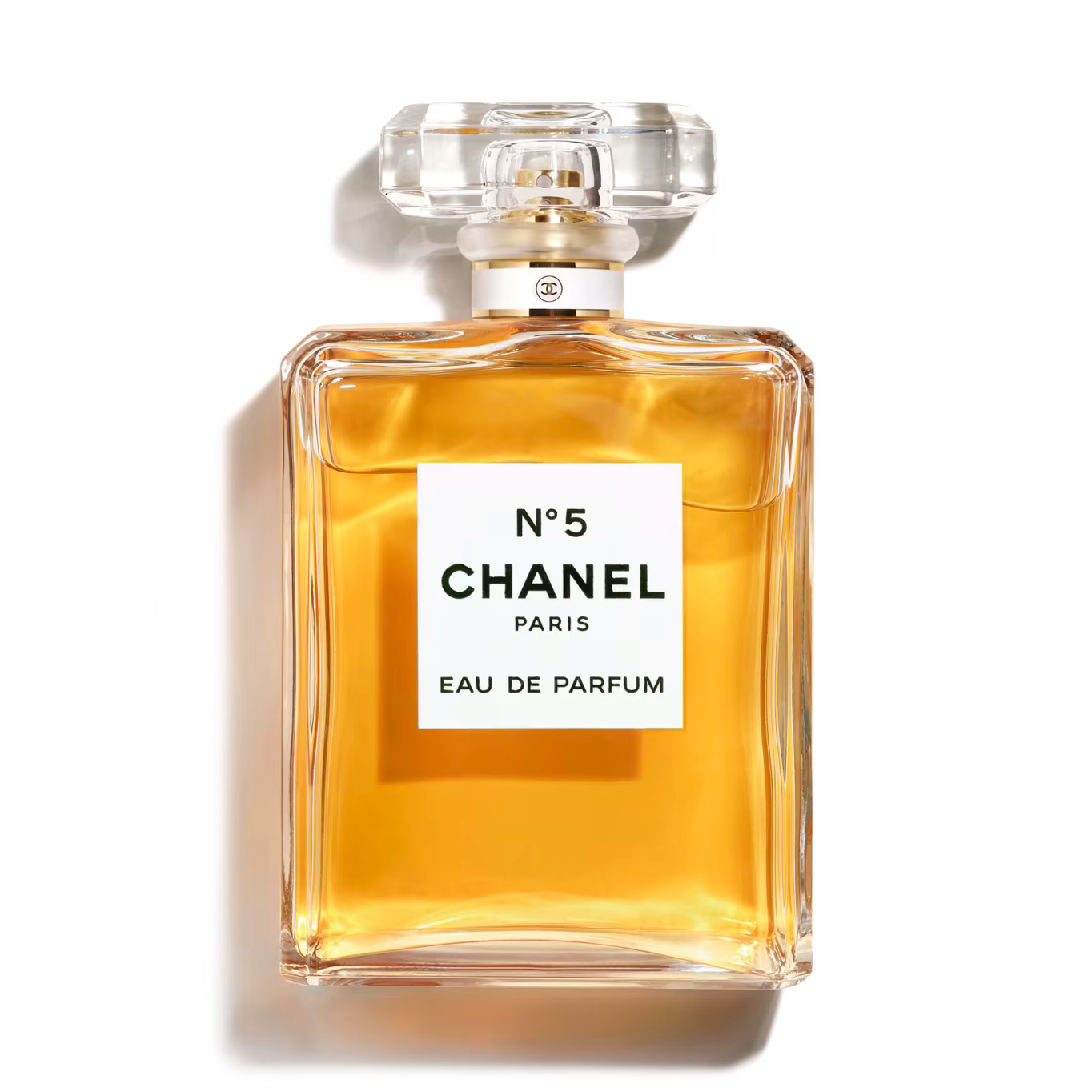 Chanel No 5 perfume bottle on a white background