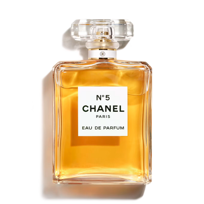 Chanel No 5 perfume bottle on a white background