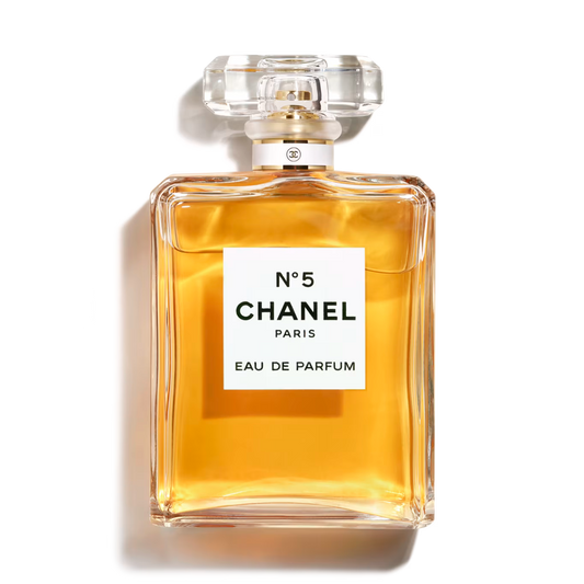 Chanel No 5 perfume bottle on a white background