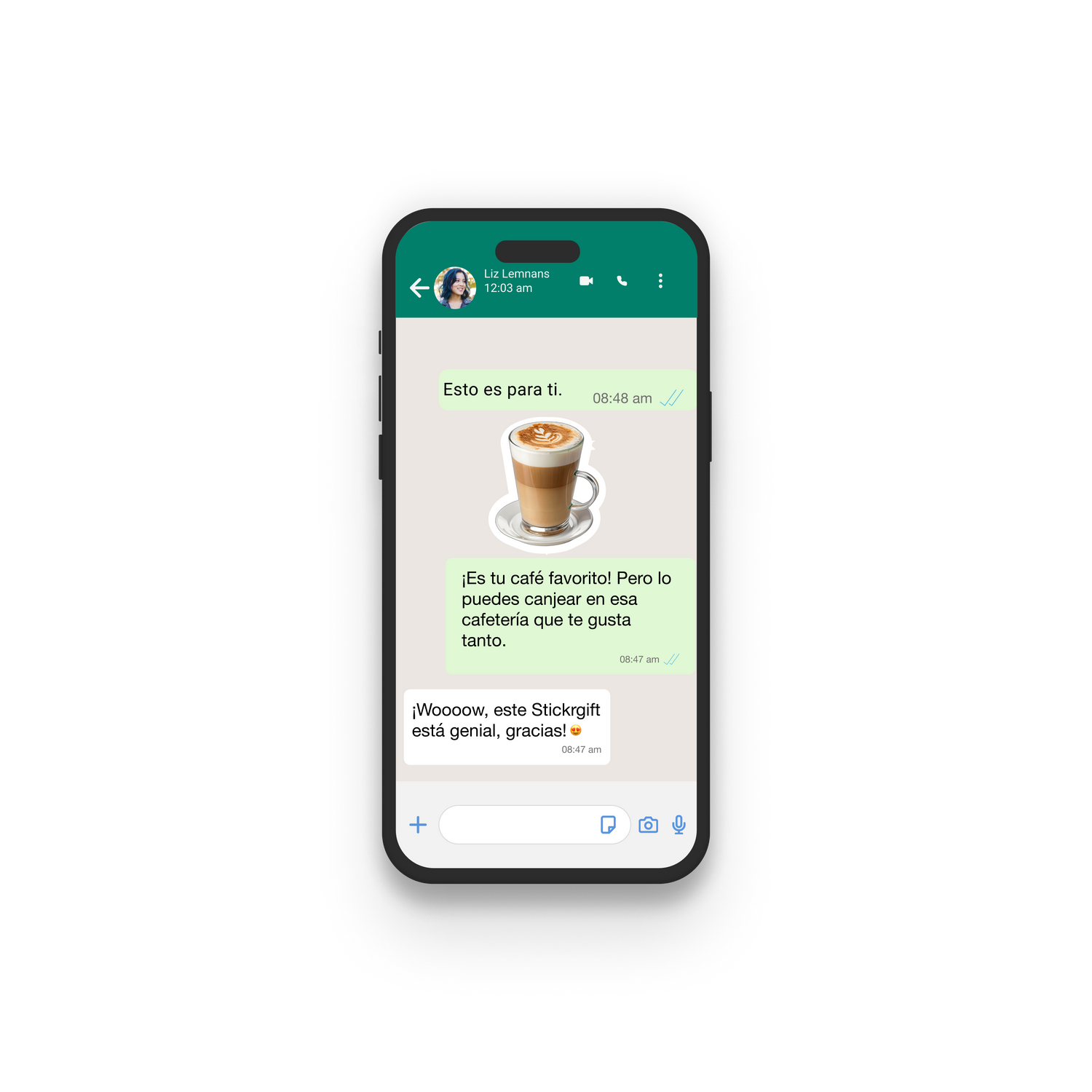 Phone screen showing a WhatsApp chat with a coffee image and text.