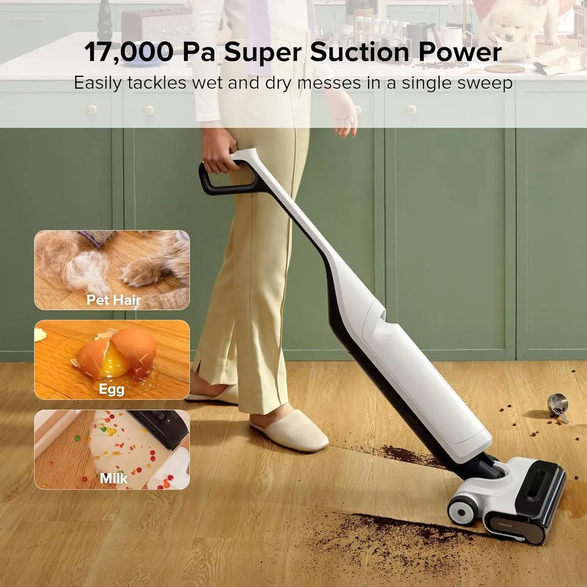 Person using a vacuum cleaner with text highlighting suction power and cleaning capabilities on a wooden floor.