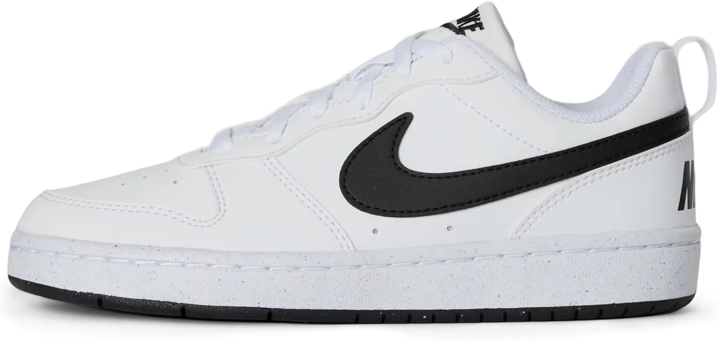 White sneaker with black swoosh logo on a white background